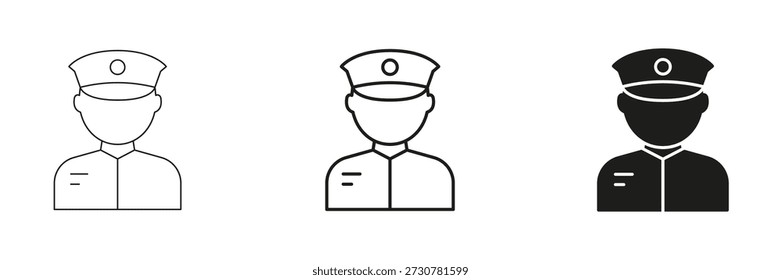 Police Officer Avatar Line And Solid Icon Set. Law Enforcement, Security, And Public Safety Outline And Silhouette Symbol Collection. Professional Uniform. Isolated Vector Illustration.