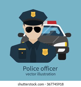 Police officer avatar. Vector illustration, flat design. Police officer with car on background. Cop, policeman, sheriff, enforcement. Symbol of security, law and order.