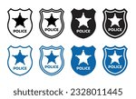 Police officer badge icon set in black and blue color. Cop officer shield vector symbols