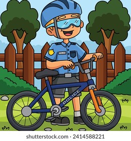 Police Officer with a Bike Colored Cartoon 