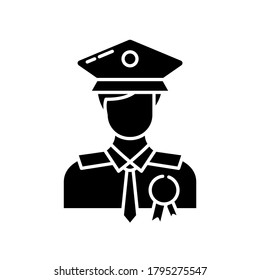 Police Officer Black Glyph Icon. Military Patrol. Male Guard. Deputy Officer. Captain In Hat. Agency Representative. Federal Inspector. Silhouette Symbol On White Space. Vector Isolated Illustration