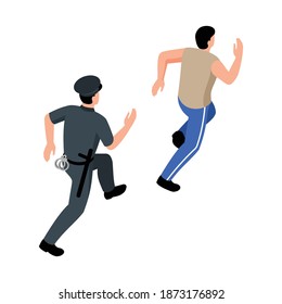 Police officer in black uniform chasing after criminal 3d isometric vector illustration