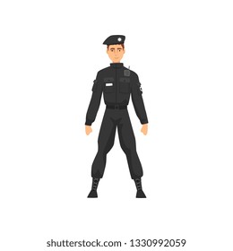 Police Officer in Black Uniform, Professional Policeman Character Vector Illustration