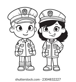 Police Officer ,Black and white coloring pages for kids, simple lines, cartoon style, happy, cute, funny, The drawings in the children's coloring book 