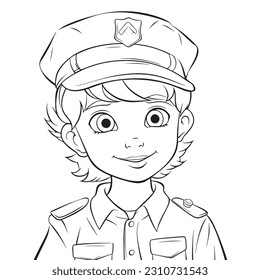 Police Officer ,Black and white coloring pages for kids, simple lines, cartoon style, happy, cute, funny, The drawings in the children's coloring book 