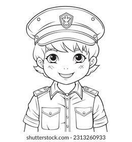 Police Officer ,Black and white coloring pages for kids, simple lines, cartoon style, happy, cute, funny, The drawings in the children's coloring book 