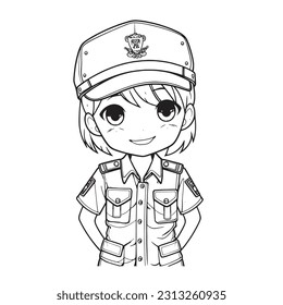 Police Officer ,Black and white coloring pages for kids, simple lines, cartoon style, happy, cute, funny, The drawings in the children's coloring book 