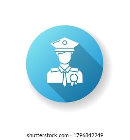 Police officer blue flat design long shadow glyph icon. Military patrol. Male guard. Deputy officer. Captain in hat. Agency representative. Federal inspector. Silhouette RGB color illustration