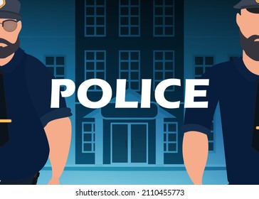 A police officer in a bulletproof vest in front of a police station. Square banner. Cartoon style.