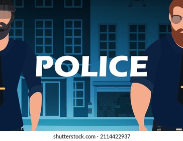 A police officer in a bulletproof vest in front of a police station. Square banner. Cartoon style.