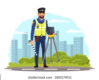 Police officer with camera on road. Policeman standing with radar device, speed controller. Safe driving in city vector illustration. Man in uniform patrols on driveway street.