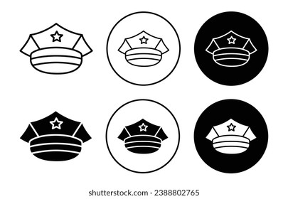 Juego de iconos de la gorra de los oficiales de policía. Símbolo vectorial de sombrero Cop en un estilo relleno y delineado negro.