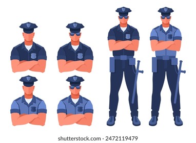 Police officer in a cap and uniform with a police badge. Police and law concept. Set of vector illustrations isolated on a white background.