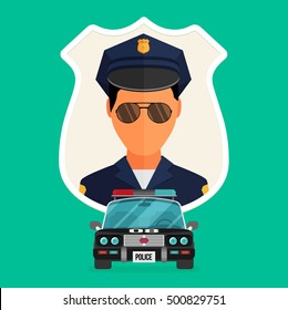 Police officer with car avatar illustration. Trendy policeman icon in flat style.