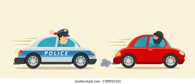Police officer in car with flashing red light chasing the car thief. Car theft, hijacking, carjacker. Vector illustration, flat cartoon style. Isolated background, side view.