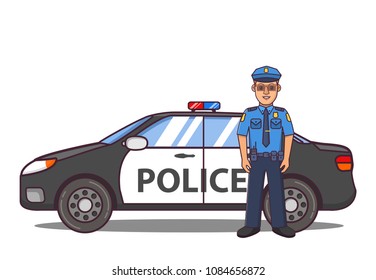 Police officer cartoon character. Police car side view. Patrol vehicle of emergency services beacon.Flat line art vector.Isolated on a white background.