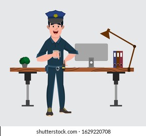 police officer cartoon character stands near his table or workplace