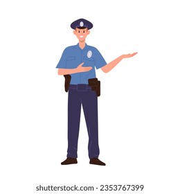 Police officer cartoon character wearing uniform pointing aside standing isolated on white