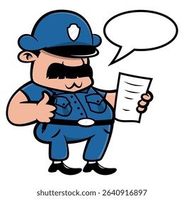 Police Officer cartoon characters write a traffic ticket for street violation. Best for sticker, logo, and mascot with traffic order themes