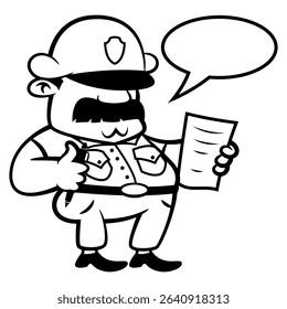 Police Officer cartoon characters write a traffic ticket for street violation. Best for outline, logo, and coloring book with traffic order themes