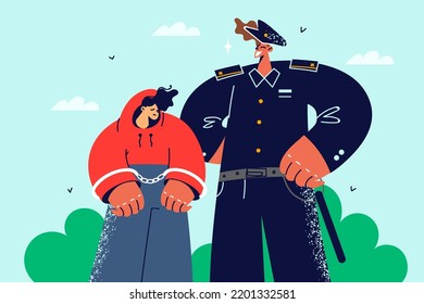 Police officer catch child criminal put in cuffs. Policeman arrest naught ill-behaved teen kid. Juvenile and underage crime. Vector illustration. 