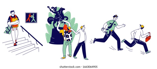 Police Officer Catching Up Man who Stole Tourist Bag. Pickpocket Steal Money from Back Pockets of Trousers and Backpacks of People in Museum. Warning Thieves. Cartoon Flat Vector Illustration, Linear