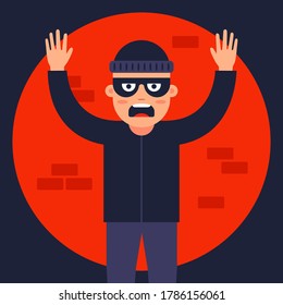 police officer caught the thief in the spotlight. find the masked robber. flat vector illustration.