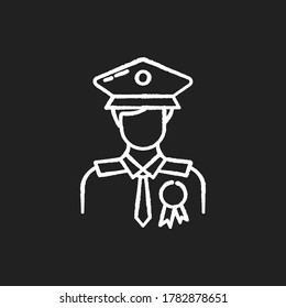 Police Officer Chalk White Icon On Black Background. Military Patrol. Male Guard. Security Man In Uniform. Deputy Officer. Captain In Hat. Federal Inspector. Isolated Vector Chalkboard Illustration