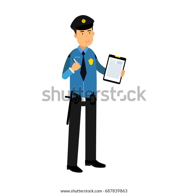 Police Officer Character Blue Uniform Holding Stock Vector (Royalty ...