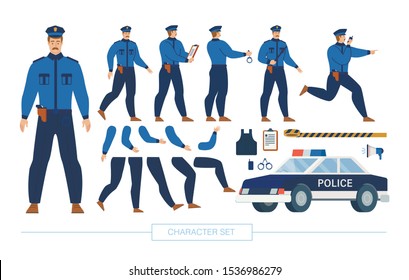 Police Officer Character Constructor Trendy Flat Design Elements Set Isolated on White Background. Policeman in Various Poses, Body Parts, Emotion Face Expressions, Car and Ammunition Illustrations