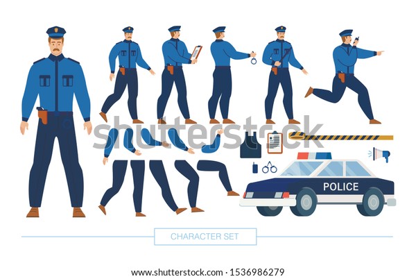 Police Officer Character Constructor Trendy\
Flat Design Elements Set Isolated on White Background. Policeman in\
Various Poses, Body Parts, Emotion Face Expressions, Car and\
Ammunition\
Illustrations