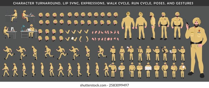 
Police Officer Character Design Model Sheet. Man, Character design. Front, side, back view and explainer animation poses. Character set with lip sync and facial expressions and walk cycle.