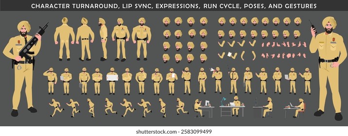 
Police Officer Character Design Model Sheet. Man, Character design. Front, side, back view and explainer animation poses. Character set with lip sync and facial expressions and walk cycle.