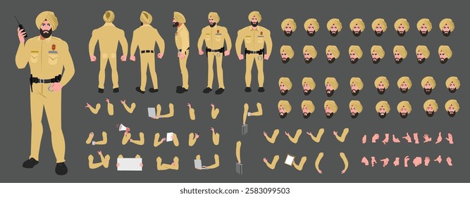 
Police Officer Character Design Model Sheet. Man, Character design. Front, side, back view and explainer animation poses. Character set with lip sync and facial expressions and walk cycle.