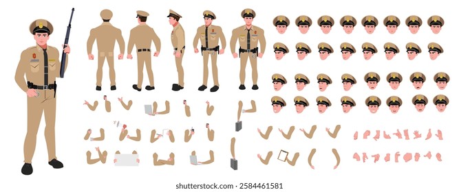 Police Officer Character Design Model Sheet. Man, Character design. Front, side, back view and explainer animation poses. Character set with lip sync and facial expressions and walk cycle animation.