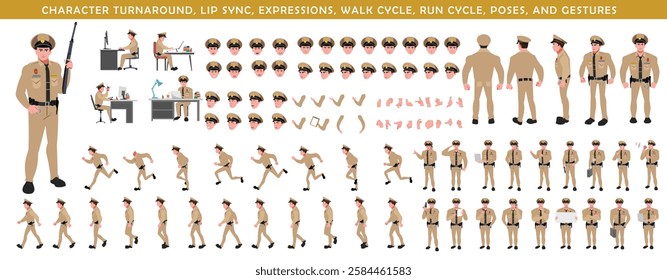 Police Officer Character Design Model Sheet. Man, Character design. Front, side, back view and explainer animation poses. Character set with lip sync and facial expressions and walk cycle animation.