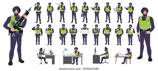 Police Officer Character Design Model Sheet. Man, Character design. Front, side, back view and explainer animation poses. Character set with lip sync and facial expressions and animation sprite.