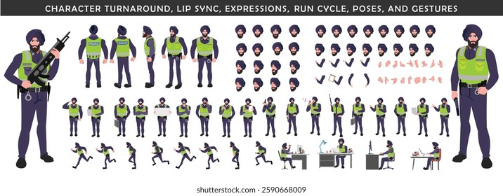 Police Officer Character Design Model Sheet. Man, Character design. Front, side, back view and explainer animation poses. Character set with lip sync and facial expressions and animation sprite.