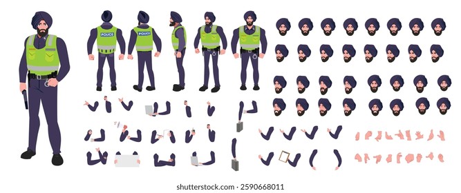 Police Officer Character Design Model Sheet. Man, Character design. Front, side, back view and explainer animation poses. Character set with lip sync and facial expressions and animation sprite.