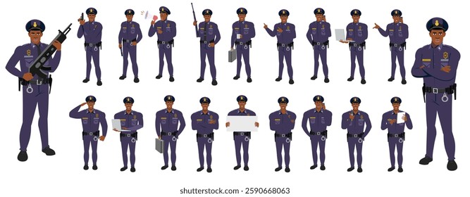 Police Officer Character Design Model Sheet. Man, Character design. Front, side, back view and explainer animation poses. Character set with lip sync and facial expressions and animation sprite.