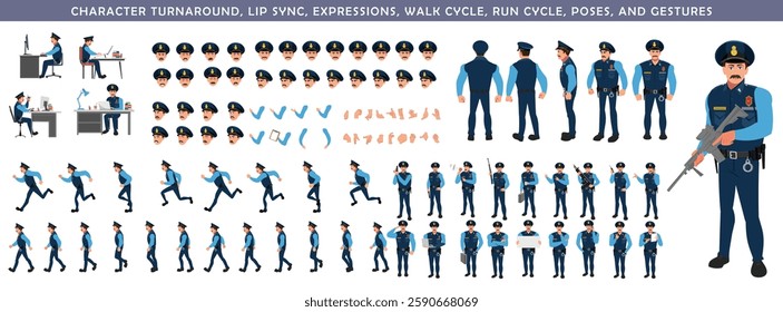 Police Officer Character Design Model Sheet. Man, Character design. Front, side, back view and explainer animation poses. Character set with lip sync and facial expressions and animation sprite.