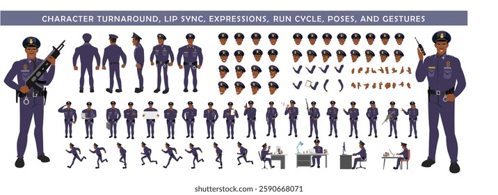 Police Officer Character Design Model Sheet. Man, Character design. Front, side, back view and explainer animation poses. Character set with lip sync and facial expressions and animation sprite.