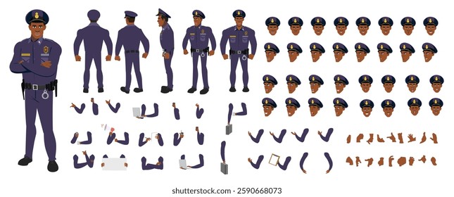 Police Officer Character Design Model Sheet. Man, Character design. Front, side, back view and explainer animation poses. Character set with lip sync and facial expressions and animation sprite.