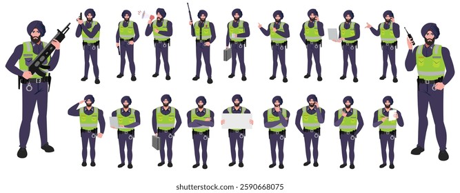 Police Officer Character Design Model Sheet. Man, Character design. Front, side, back view and explainer animation poses. Character set with lip sync and facial expressions and animation sprite.