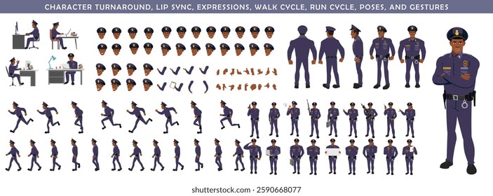 Police Officer Character Design Model Sheet. Man, Character design. Front, side, back view and explainer animation poses. Character set with lip sync and facial expressions and animation sprite.