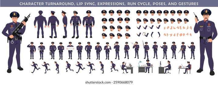 Police Officer Character Design Model Sheet. Man, Character design. Front, side, back view and explainer animation poses. Character set with lip sync and facial expressions and animation sprite.