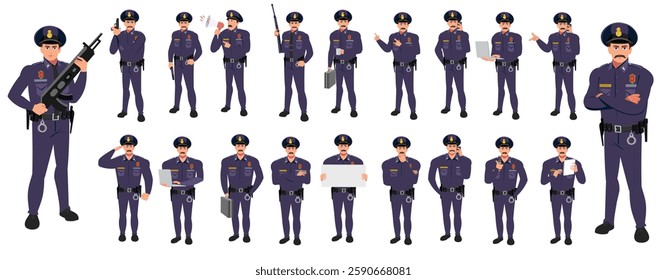 Police Officer Character Design Model Sheet. Man, Character design. Front, side, back view and explainer animation poses. Character set with lip sync and facial expressions and animation sprite.