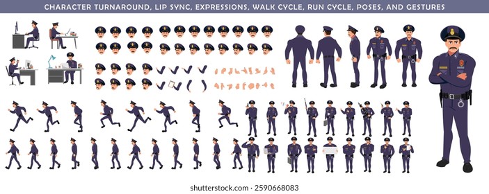 Police Officer Character Design Model Sheet. Man, Character design. Front, side, back view and explainer animation poses. Character set with lip sync and facial expressions and animation sprite.