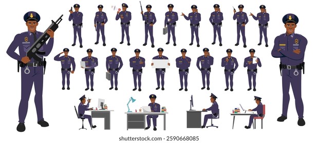 Police Officer Character Design Model Sheet. Man, Character design. Front, side, back view and explainer animation poses. Character set with lip sync and facial expressions and animation sprite.