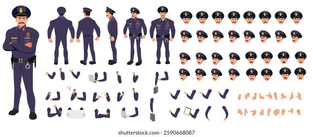 Police Officer Character Design Model Sheet. Man, Character design. Front, side, back view and explainer animation poses. Character set with lip sync and facial expressions and animation sprite.